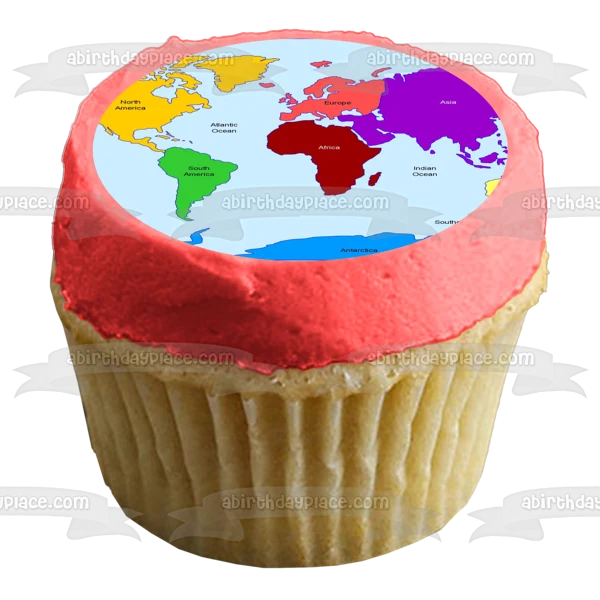 Imagen de decoración comestible para tarta, mapa del mundo, continentes, océanos, ABPID11371 A Birthday Place