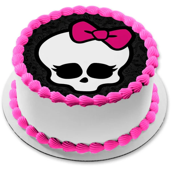 Monster High Skullette Fondo de esqueleto de calavera con lazo rosa bonito, decoración comestible para tarta con borde ros...