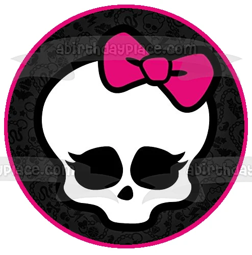 Monster High Skullette Fondo de esqueleto de calavera con lazo rosa bonito, decoración comestible para tarta con borde ros...