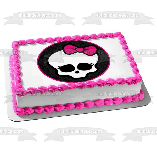 Monster High Skullette Fondo de esqueleto de calavera con lazo rosa bonito, decoración comestible para tarta con borde ros...