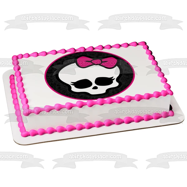 Monster High Skullette Fondo de esqueleto de calavera con lazo rosa bonito, decoración comestible para tarta con borde ros...