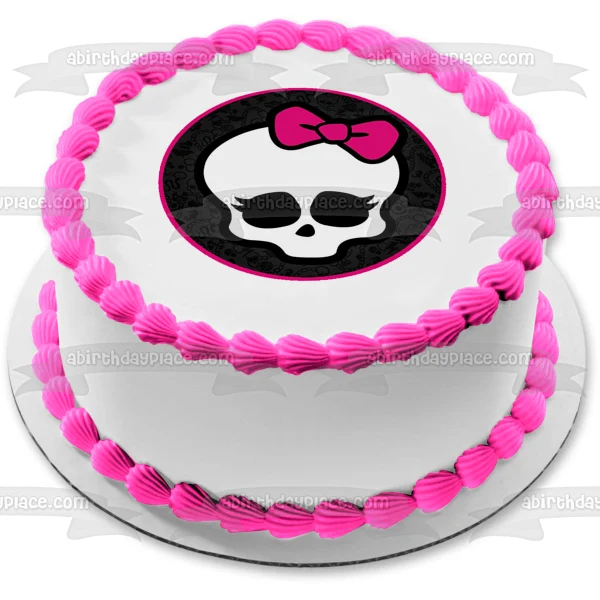 Monster High Skullette Fondo de esqueleto de calavera con lazo rosa bonito, decoración comestible para tarta con borde ros...