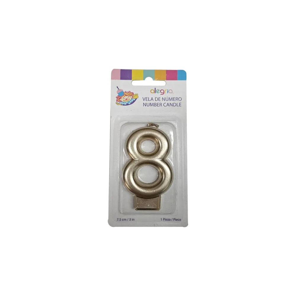 VELA CERA DORADA # 8 TAMAÑO 7.5 CM ALEGRIA