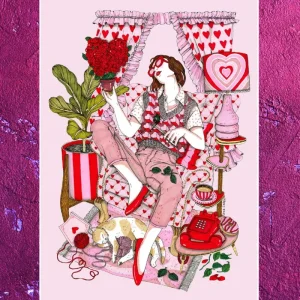 Lámina Chica corazones con su gato dormido Ana Jarén