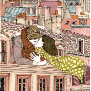 Lámina Pareja beso por la ventana en la ciudad Ana Jarén