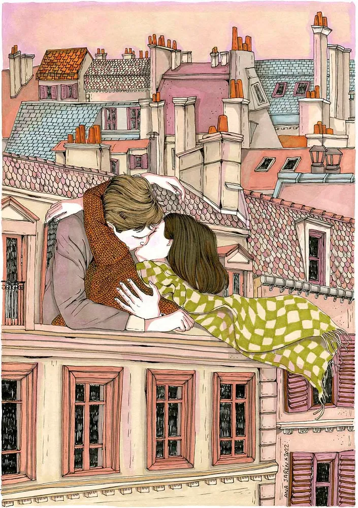 Lámina Pareja beso por la ventana en la ciudad Ana Jarén