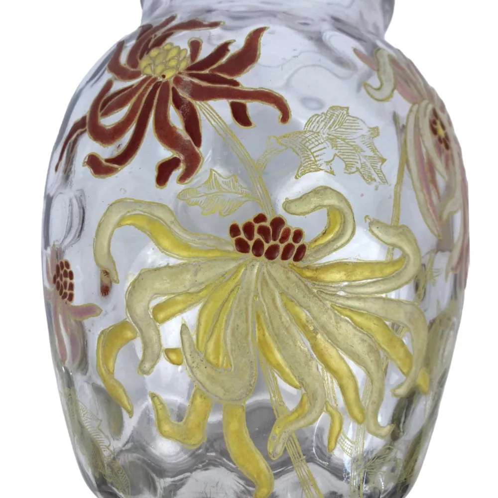 Antiguo jarrón esmaltado decorado con Dalias, de principios del siglo XX. Legras Gallé