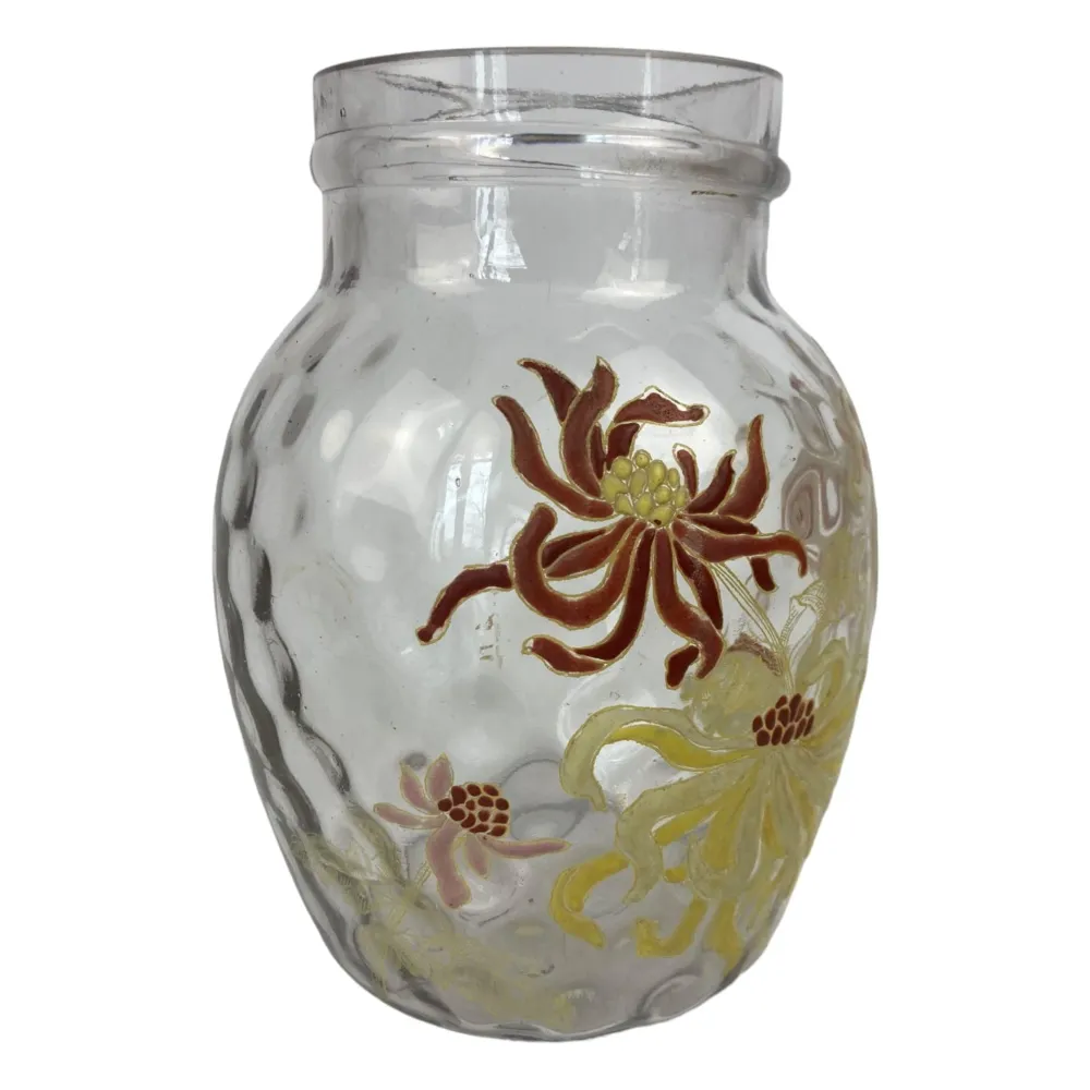 Antiguo jarrón esmaltado decorado con Dalias, de principios del siglo XX. Legras Gallé