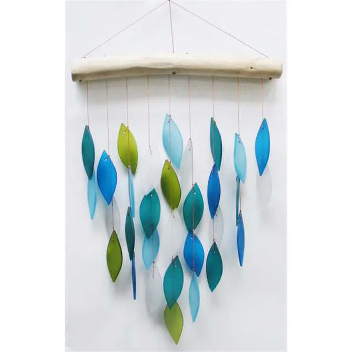 CAMPANA DE VIENTO DE CRISTAL HOJAS COLORES MARINOS 56 CM Aquigarden