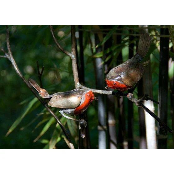 Tutor Petirrojos / 2 pájaros en rama - Pájaro decorativo en metal reciclado Arrosoir & Persil