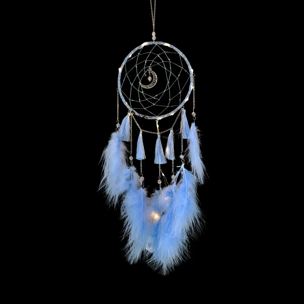 Atrapasueños LED Decoración Colgante con Plumas Celeste