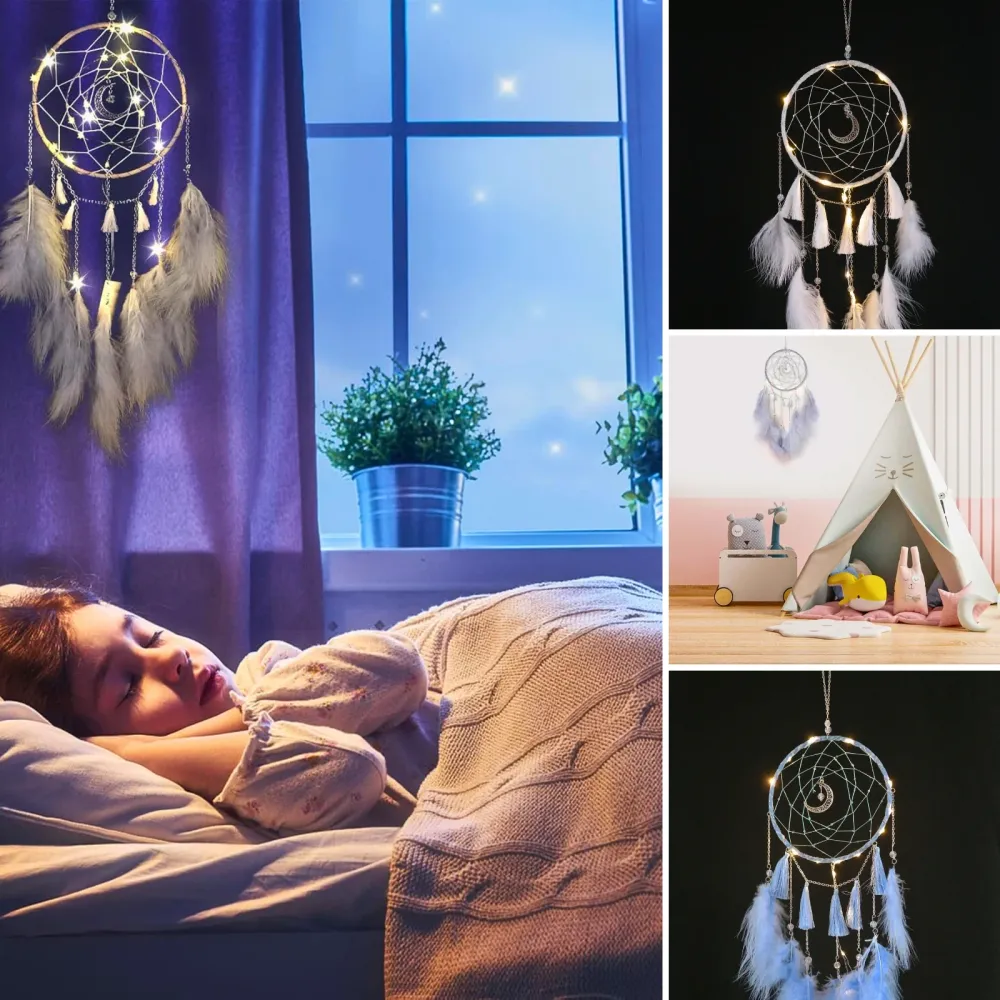 Atrapasueños LED Decoración Colgante con Plumas Celeste