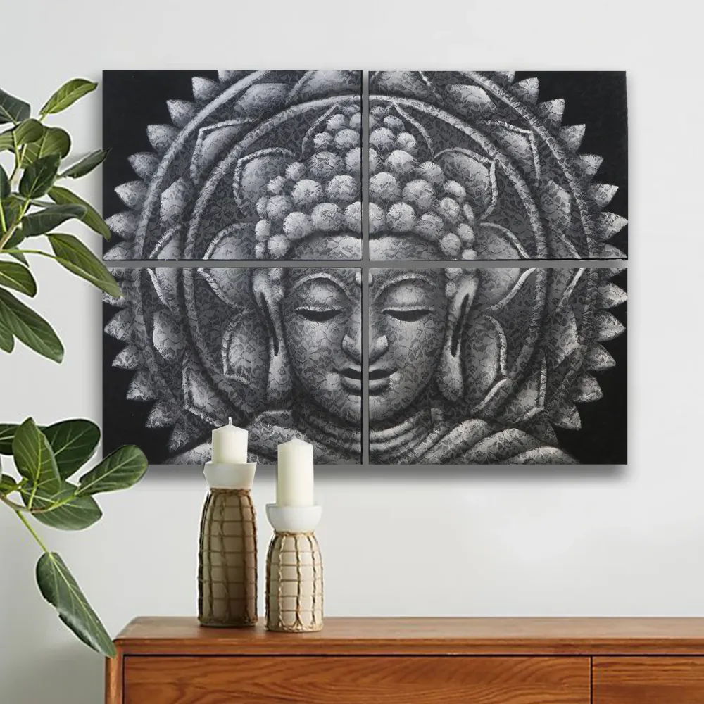 CUADRO BUDA GRIS MANDALA EFECTO BROCADO 30X40CM X 4 AW Artisan S.L
