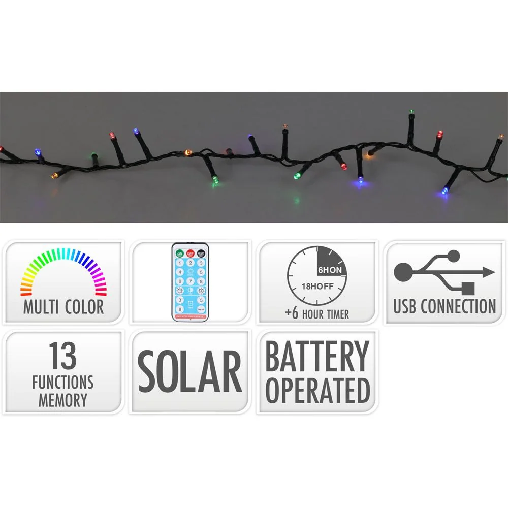 GUIRNALDA LED SOLAR 240 LEDS 13 FUNCIONES PARPADEANTE EXTERIOR MULTICOLOR CABLE VERDE 10 m BASICS