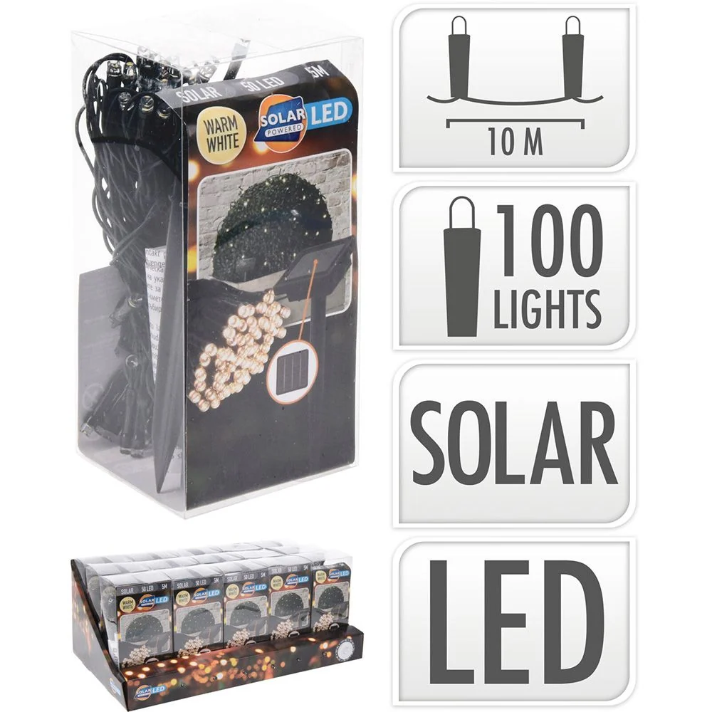 GUIRNALDA SOLAR LED, BLANCO CALIDO, 100 LEDS, 10 m BASICS