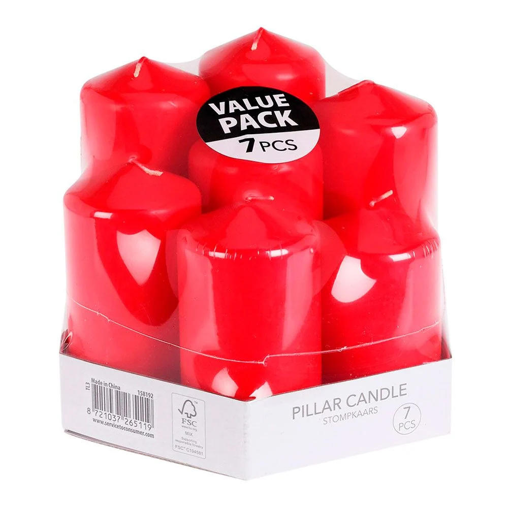 VELAS DE CERA ROJAS DE Ø55 mm CON DIFERENTES ALTURAS, 7 uds BASICS