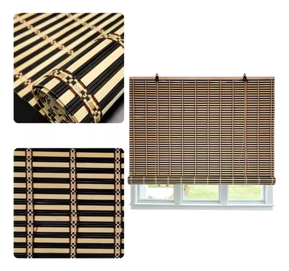 Cortina De Bambú Persiana Roller Bicolor 120x150cm Con Diseños Blanco Beiti
