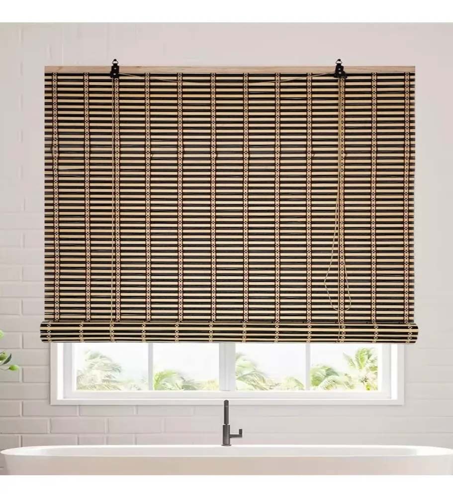 Cortina De Bambú Persiana Roller Bicolor 120x150cm Con Diseños Blanco Beiti