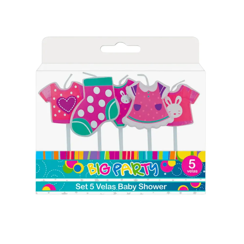 Set 5 Velas Para Celebración De Baby Shower Rosa Big Party