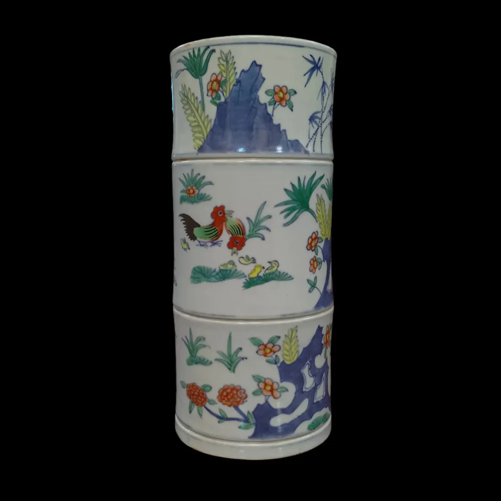 Portapinceles de porcelana china en forma de bambú "Gallos y Vegetación" Bucarest Art & Antiques