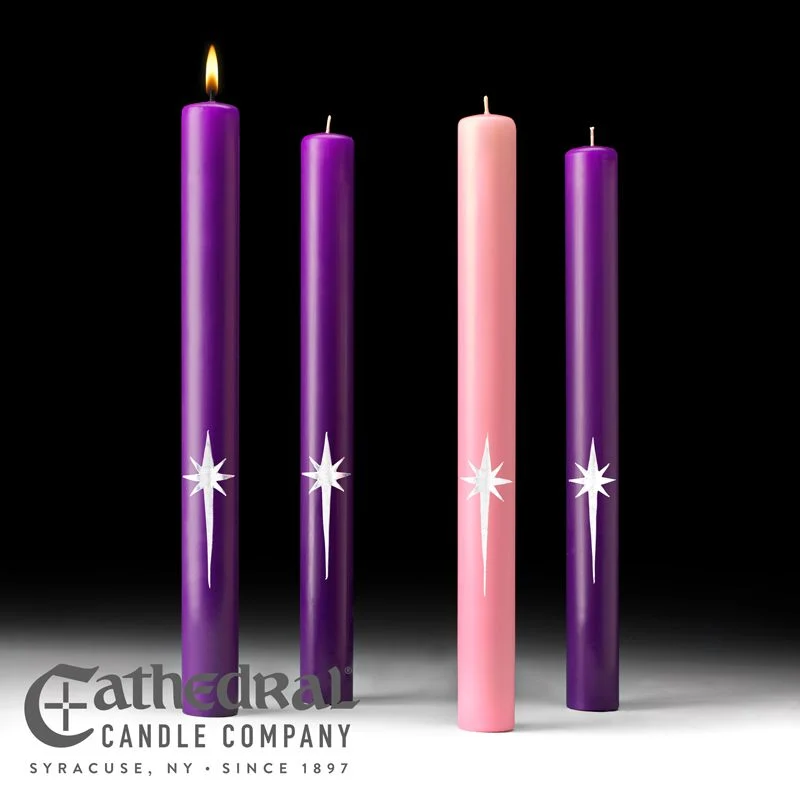 Vela de Adviento Estrella de los Reyes Magos de 1 1/2" X 16" - 51% cera de abejas (3 moradas, 1 rosa) Cathedral Candle Com...