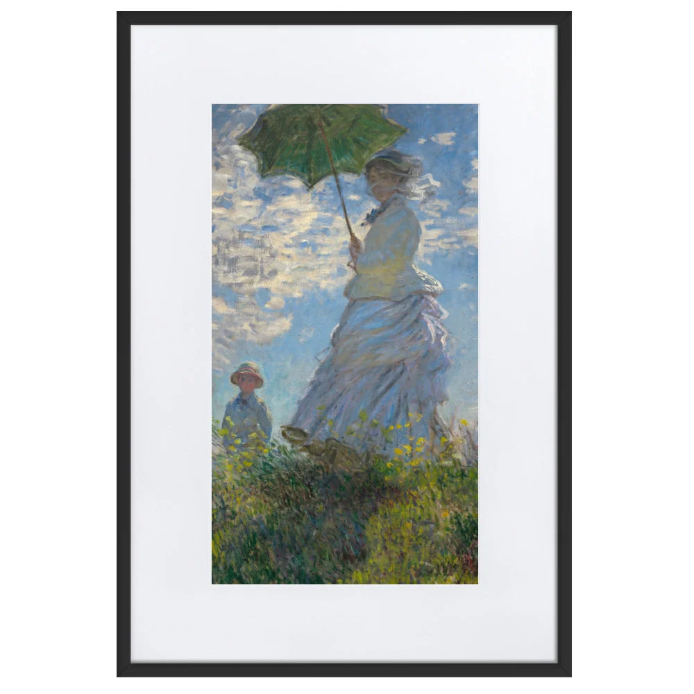 Poster mit Passepartout - Mujer con sombrilla - Madame Monet y su hijo Negro Claude Monet