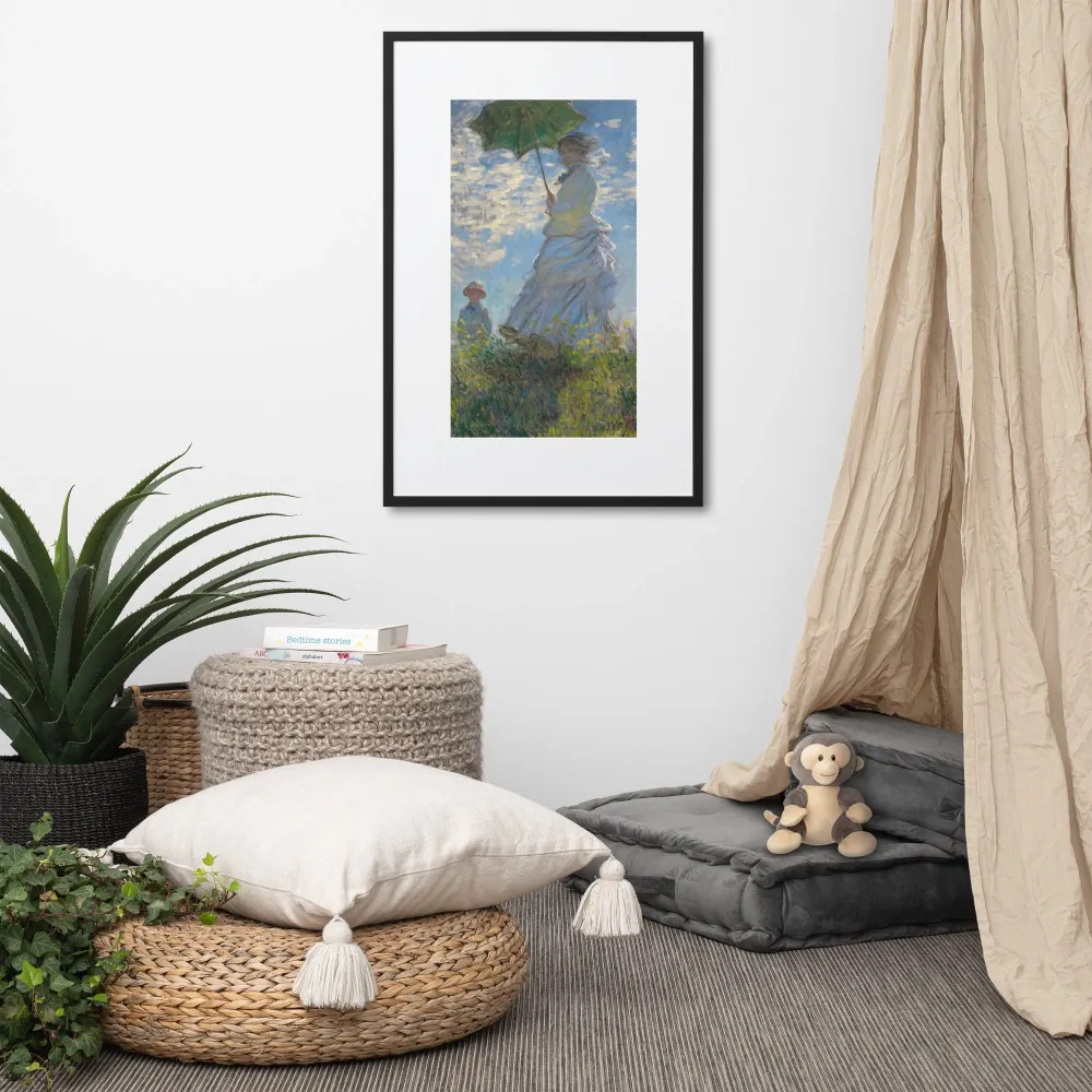 Poster mit Passepartout - Mujer con sombrilla - Madame Monet y su hijo Negro Claude Monet