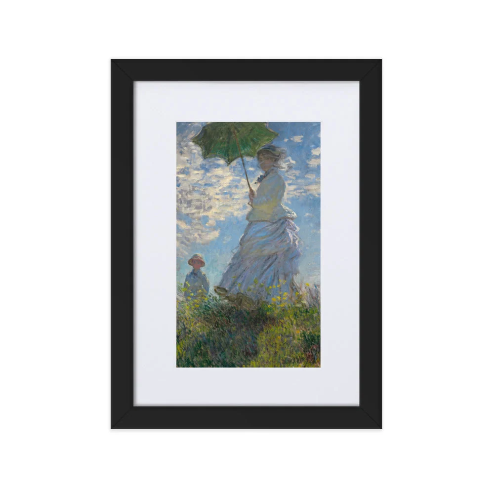 Poster mit Passepartout - Mujer con sombrilla - Madame Monet y su hijo Negro Claude Monet