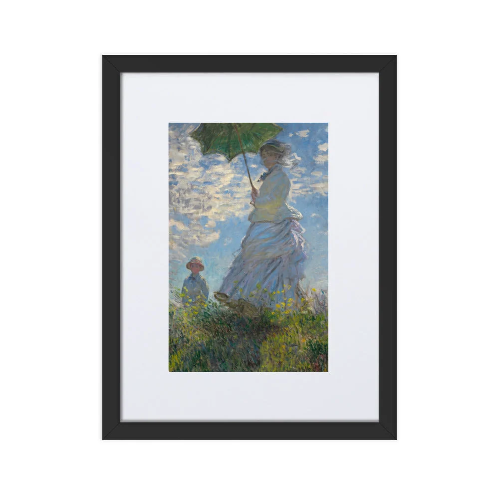Poster mit Passepartout - Mujer con sombrilla - Madame Monet y su hijo Negro Claude Monet