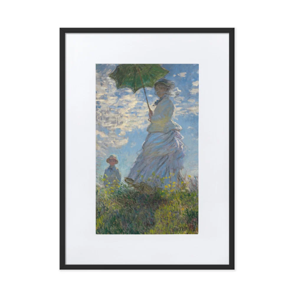 Poster mit Passepartout - Mujer con sombrilla - Madame Monet y su hijo Negro Claude Monet