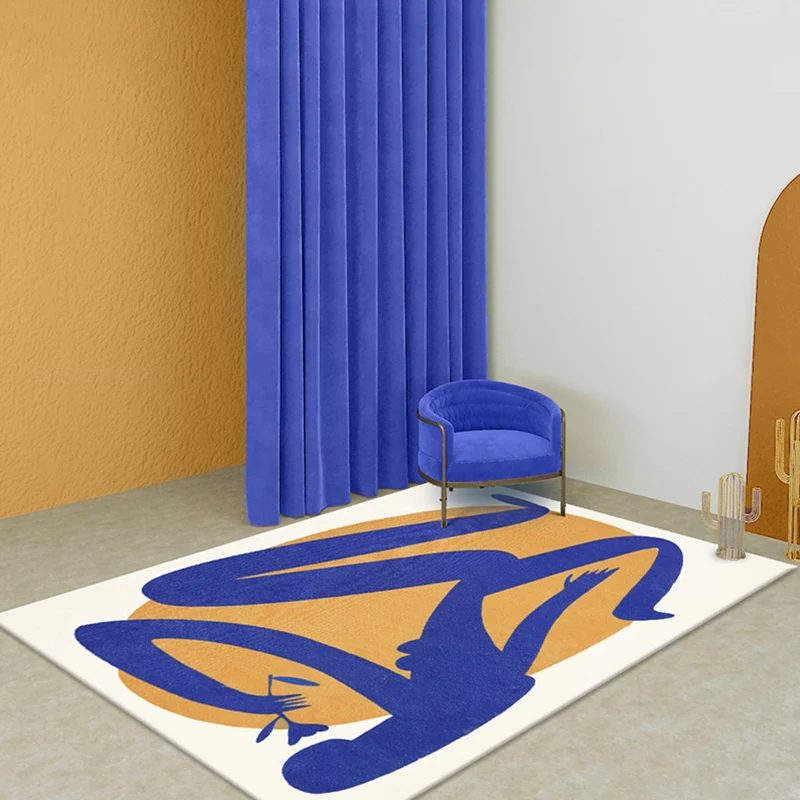 Alfombra abstracta azul y naranja, alfombra moderna de poliéster, lavable, antideslizante, apta para mascotas, para sala d...