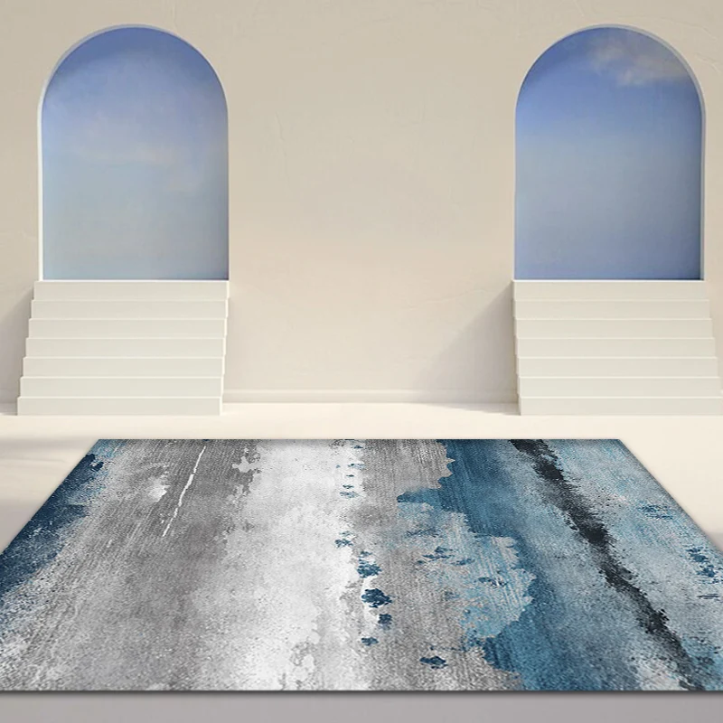 Alfombra abstracta de estilo industrial, alfombra de poliéster azul y gris, alfombra antideslizante para sala de estar Azu...