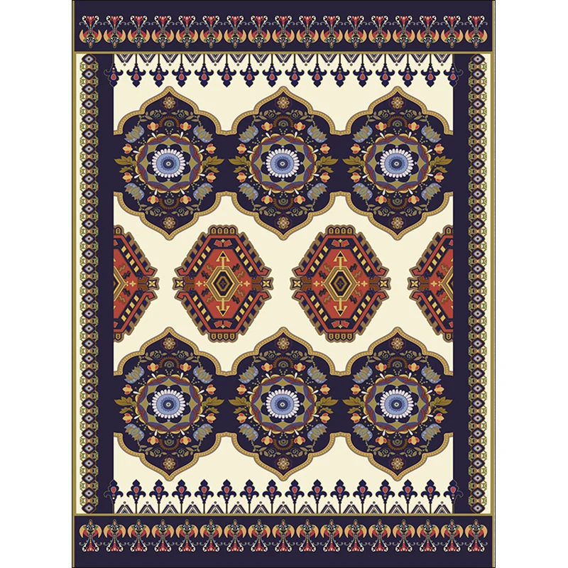 Alfombra americana azul marino y beige, alfombra con estampado floral tribal de poliéster, alfombra lavable antideslizante...