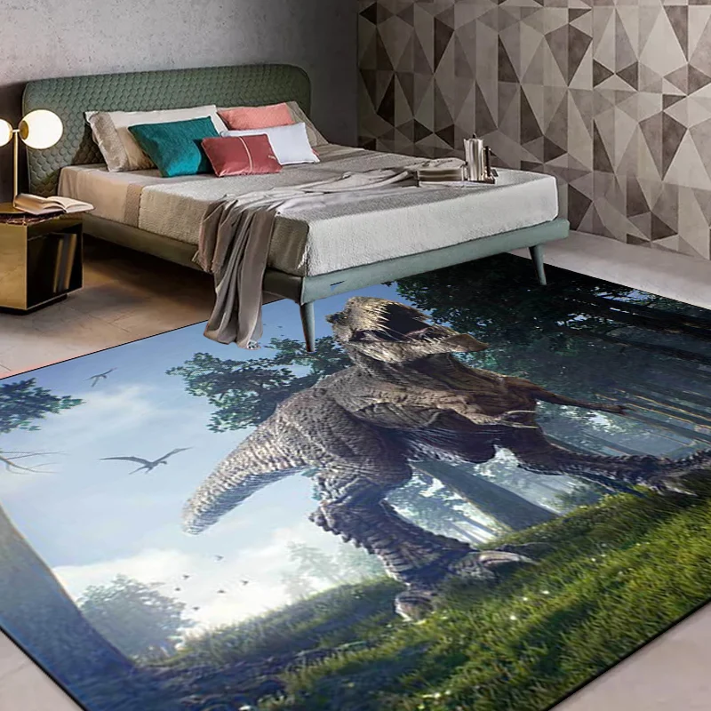 Alfombra azul novedosa de poliéster con diseño de dinosaurio y árbol, alfombra lavable con respaldo antideslizante para sa...