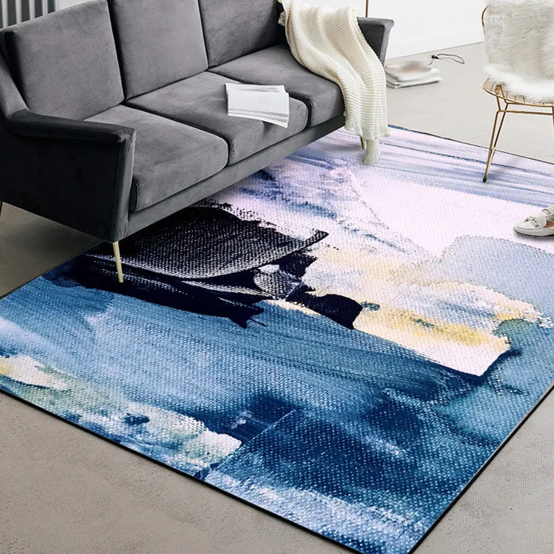 Alfombra azul para dormitorio, alfombra moderna con patrón de pintura de tinta abstracta, alfombra antideslizante de polié...