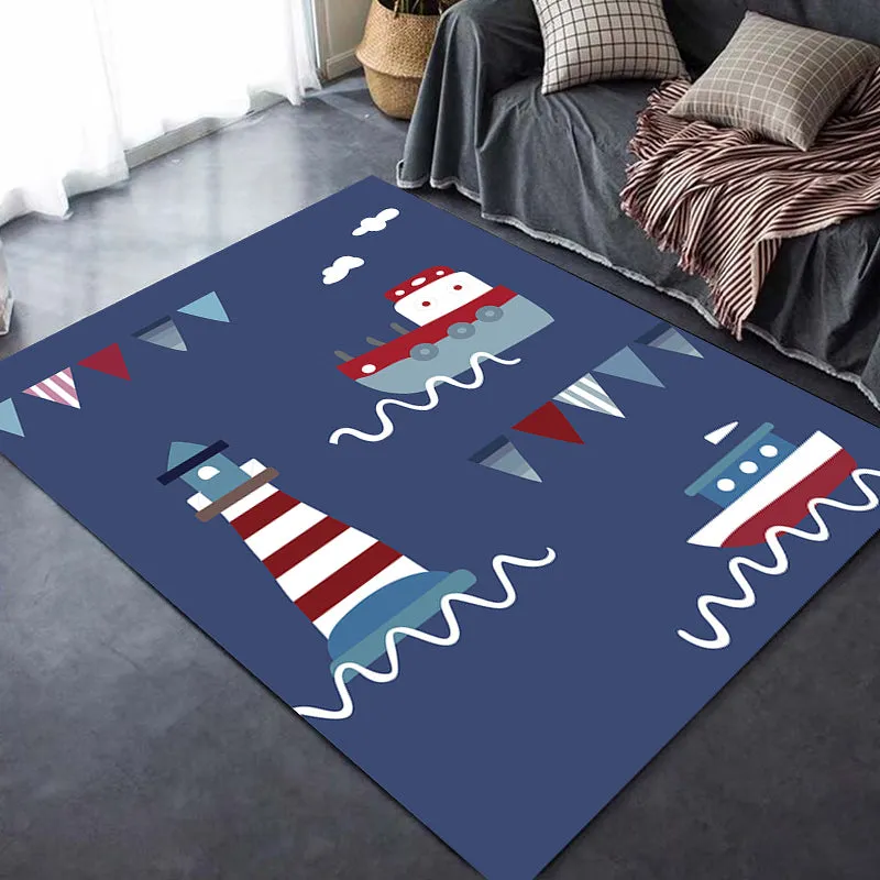 Alfombra azul para niños, alfombra de poliéster con patrón de faro y barco, alfombra lavable con respaldo antideslizante p...
