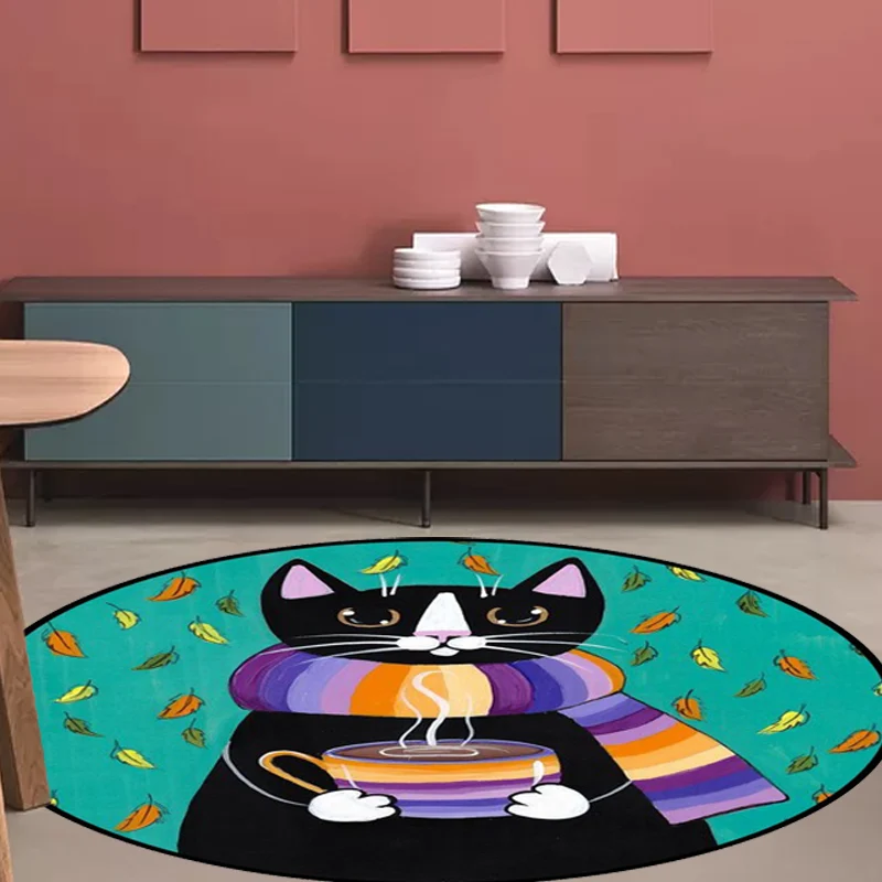 Alfombra azul y verde para habitación de niños, alfombra lavable de poliéster con estampado de hojas de gato y animales pa...