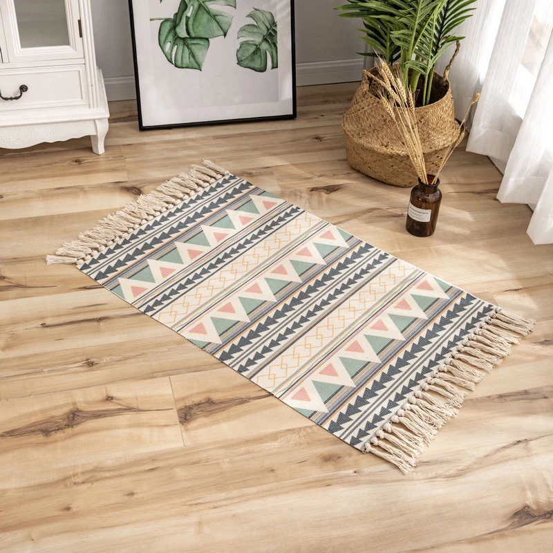 Alfombra clásica con estampado geométrico, mezcla de algodón multicolor, alfombra lavable de fácil cuidado con flecos para...