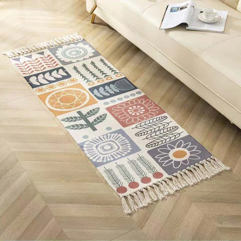 Alfombra clásica con estampado geométrico, mezcla de algodón multicolor, alfombra lavable de fácil cuidado con flecos para...