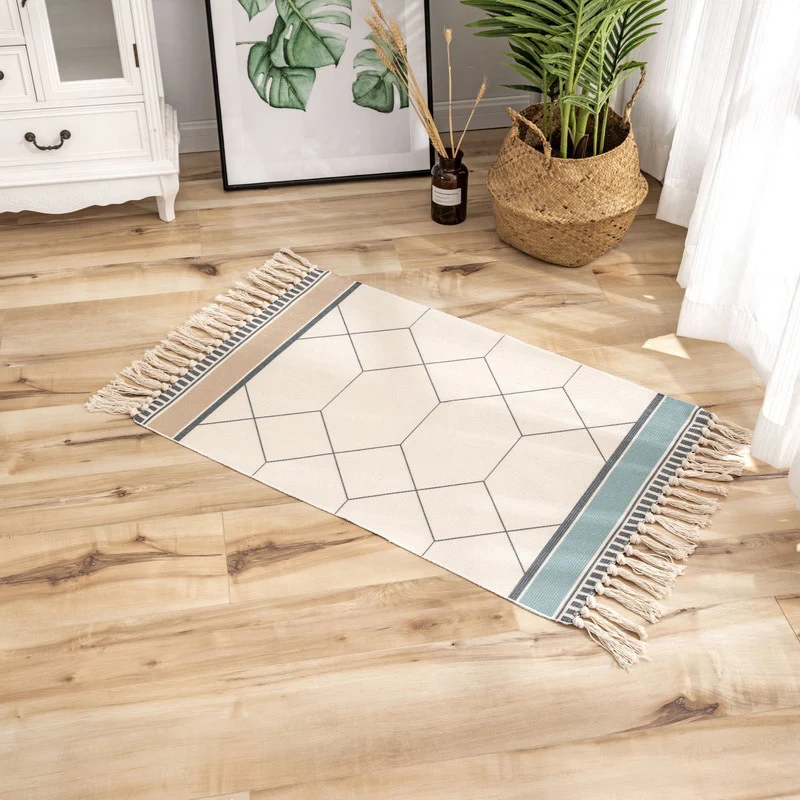 Alfombra clásica con estampado geométrico, mezcla de algodón multicolor, alfombra lavable de fácil cuidado con flecos para...