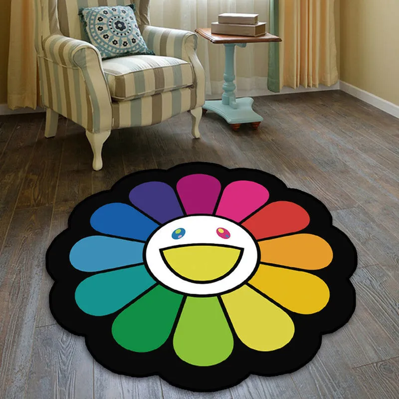 Alfombra colorida con estampado de flores, alfombra negra Multicolor para niños, alfombra lavable que admite mascotas de p...