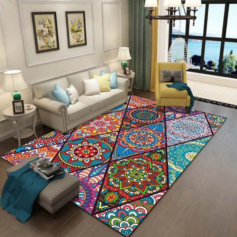 Alfombra colorida para dormitorio, alfombra con patrón de puntos de diamantes florales marroquíes, alfombra de poliéster l...