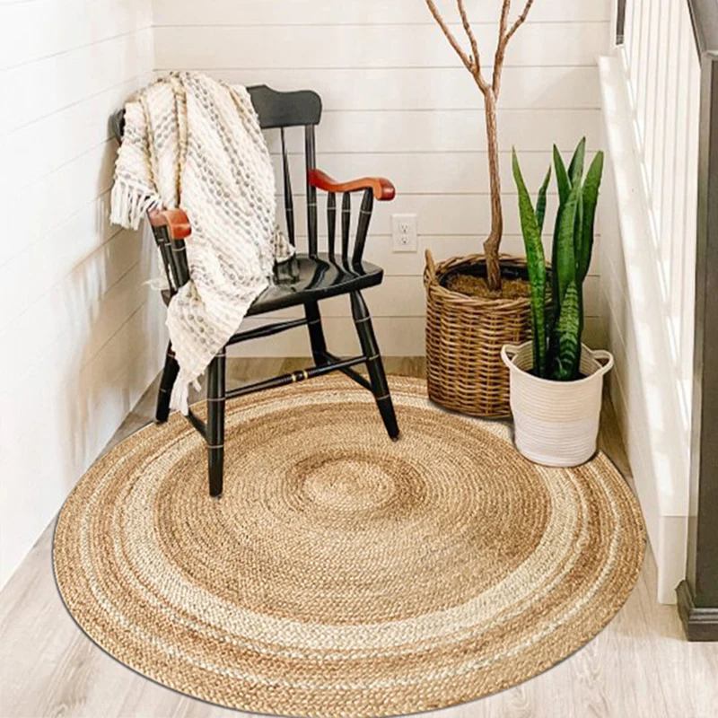 Alfombra De Comedor Rústica Alfombra Lisa Multicolor Cuerda De Yute Alfombra Interior Trenzada Mano Madera Clearhalo