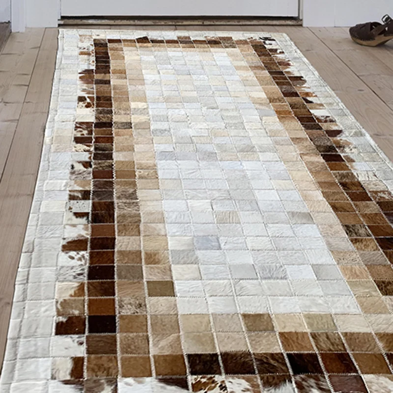 Alfombra con estampado de cuadros marrones, alfombra moderna de piel de vaca que admite mascotas, alfombra interior hecha...