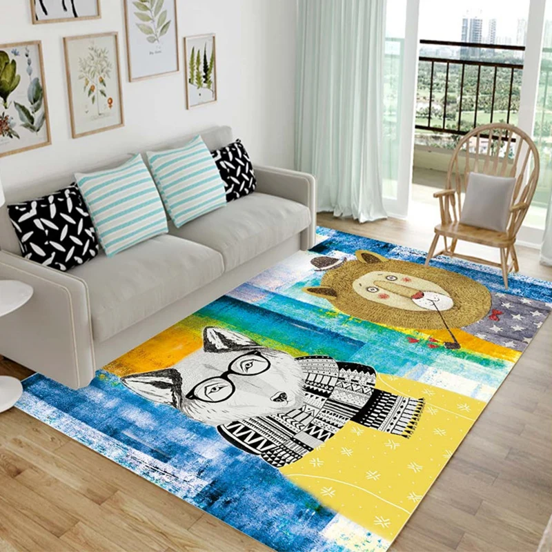 Alfombra con estampado de dibujo de animales de dibujos animados, alfombra sintética multicolor con respaldo antideslizant...
