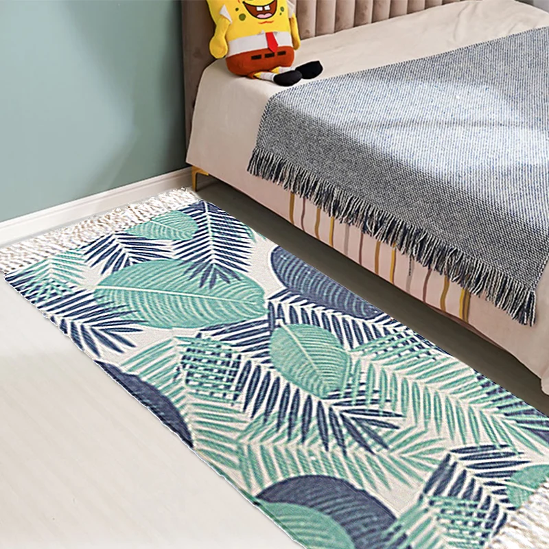 Alfombra con estampado de hojas tropicales, alfombra de algodón verde, antideslizante, lavable, apta para mascotas, para s...