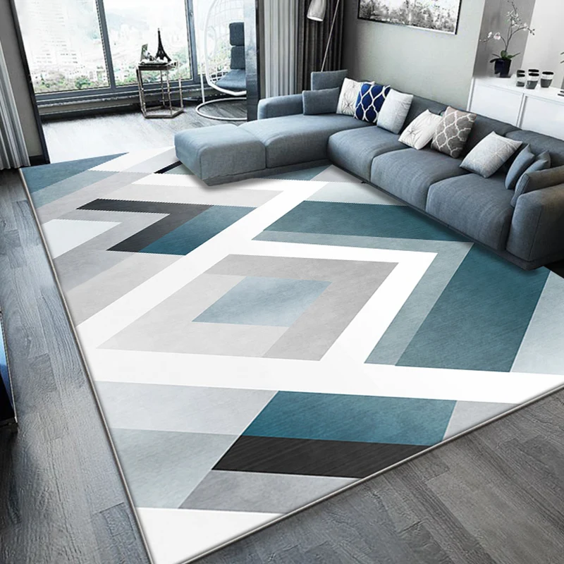 Alfombra con patrón geométrico único, alfombra moderna azul y blanca, alfombra antideslizante lavable de poliéster que adm...