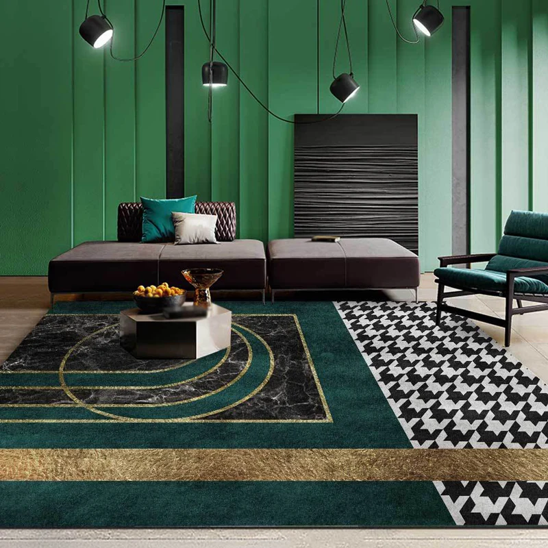 Alfombra con patrón geométrico verde con pata de gallo, alfombra minimalista de poliéster, alfombra antideslizante lavable...