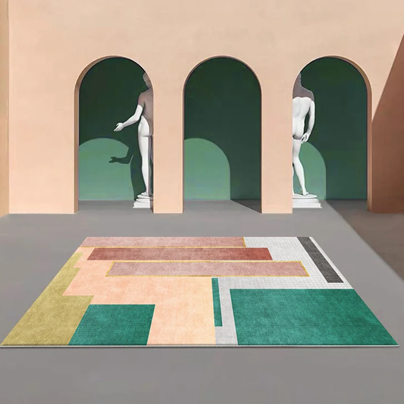 Alfombra contemporánea con bloques de colores, alfombra de poliéster verde y rojo, respaldo antideslizante, alfombra lavab...