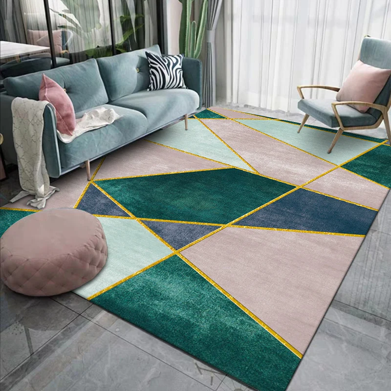 Alfombra contemporánea rosa y verde, alfombra de poliéster con bloques de colores, alfombra lavable con respaldo antidesli...